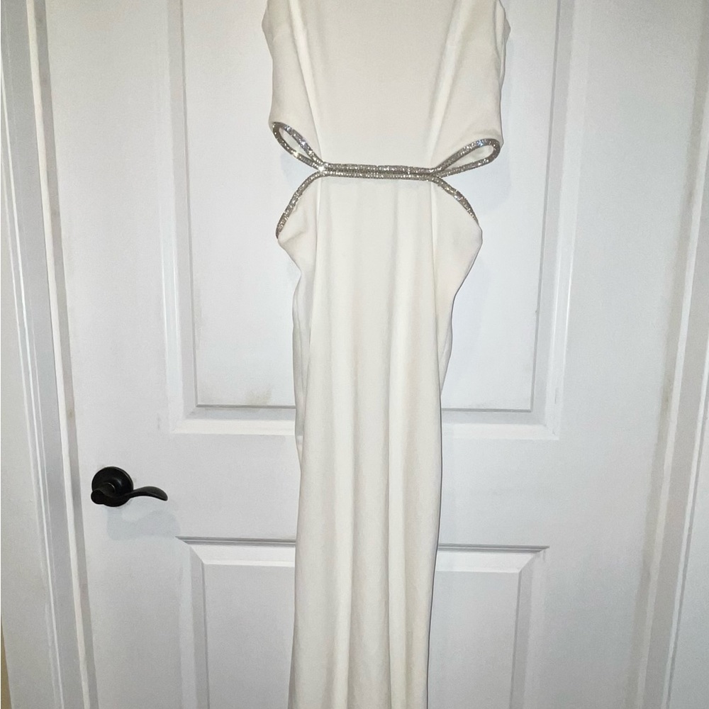 Fashion Nova Cut Out White Backless Dress with Silver Accents